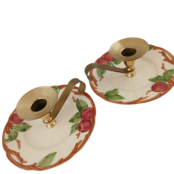 Vintage Franciscan Apple Brass Candle Holders – Hand Painted Ceramic Set of 2 - Picture 1 of 10